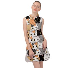 Cute Cat Kitten Cartoon Doodle Seamless Pattern Sleeveless Shirt Dress by Vaneshart