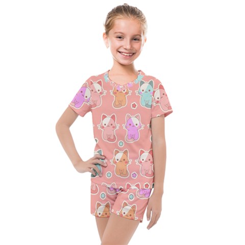 Cute Kawaii Kittens Seamless Pattern Kids  Mesh Tee And Shorts Set by Vaneshart