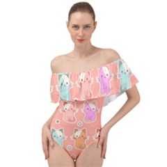 Cute Kawaii Kittens Seamless Pattern Off Shoulder Velour Bodysuit  by Vaneshart