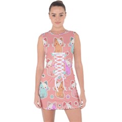 Cute Kawaii Kittens Seamless Pattern Lace Up Front Bodycon Dress by Vaneshart