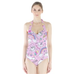 Beautiful Cute Animals Pattern Pink Halter Swimsuit by Vaneshart