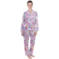 Beautiful Cute Animals Pattern Pink Satin Long Sleeve Pyjamas Set by Vaneshart