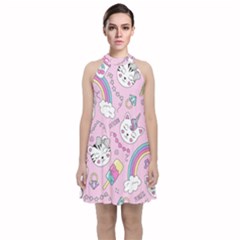 Beautiful Cute Animals Pattern Pink Velvet Halter Neckline Dress  by Vaneshart