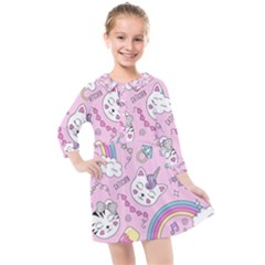 Beautiful Cute Animals Pattern Pink Kids  Quarter Sleeve Shirt Dress by Vaneshart