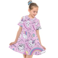 Beautiful Cute Animals Pattern Pink Kids  Short Sleeve Shirt Dress by Vaneshart