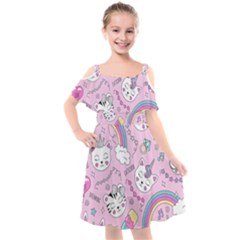 Beautiful Cute Animals Pattern Pink Kids  Cut Out Shoulders Chiffon Dress by Vaneshart