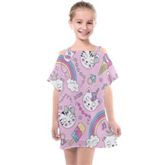 Beautiful Cute Animals Pattern Pink Kids  One Piece Chiffon Dress by Vaneshart