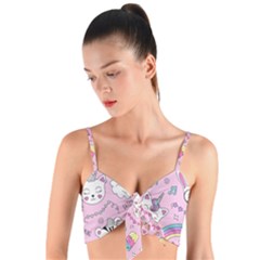 Beautiful Cute Animals Pattern Pink Woven Tie Front Bralet