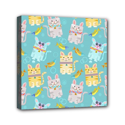 Vector Seamless Pattern With Colorful Cats Fish Mini Canvas 6  X 6  (stretched) by Vaneshart