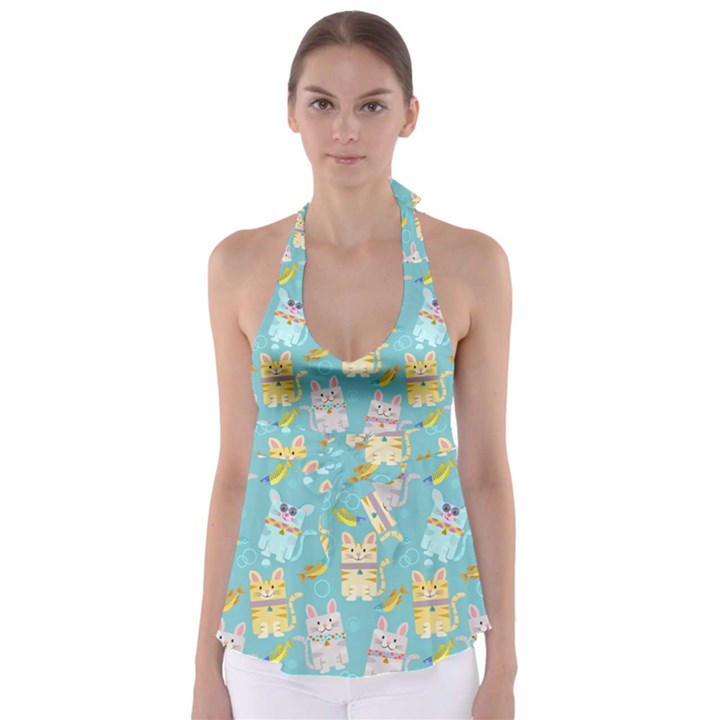 Vector Seamless Pattern With Colorful Cats Fish Babydoll Tankini Top