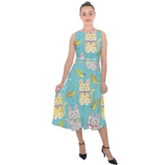 Vector Seamless Pattern With Colorful Cats Fish Midi Tie-back Chiffon Dress