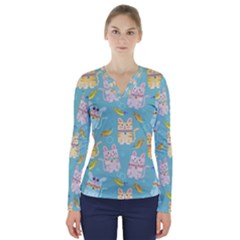 Vector Seamless Pattern With Colorful Cats Fish V-neck Long Sleeve Top by Vaneshart