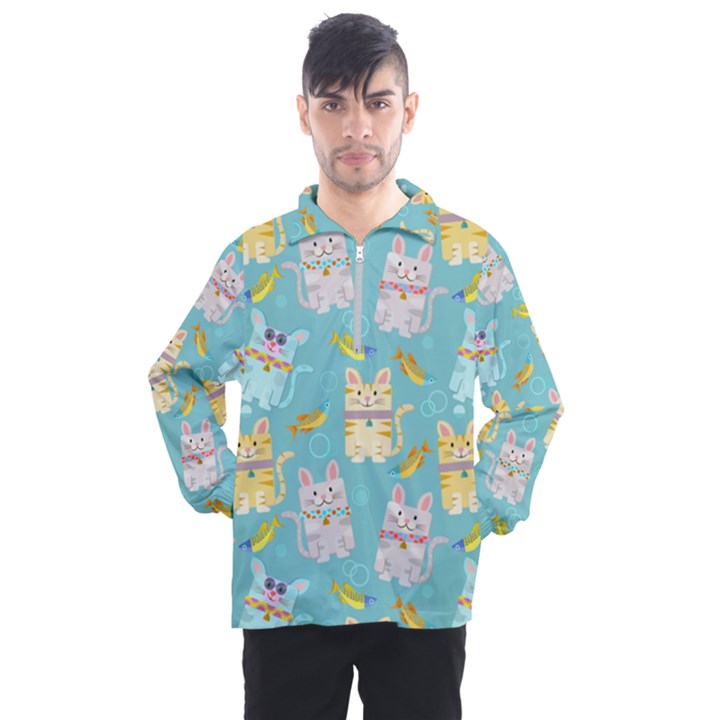 Vector Seamless Pattern With Colorful Cats Fish Men s Half Zip Pullover