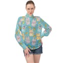 Vector Seamless Pattern With Colorful Cats Fish High Neck Long Sleeve Chiffon Top View1