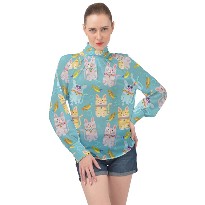 Vector Seamless Pattern With Colorful Cats Fish High Neck Long Sleeve Chiffon Top