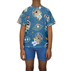 Seamless Pattern Funny Astronaut Outer Space Transportation Kids  Short Sleeve Swimwear by Vaneshart