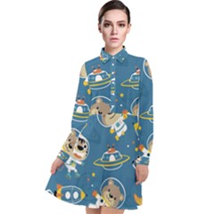 Seamless Pattern Funny Astronaut Outer Space Transportation Long Sleeve Chiffon Shirt Dress