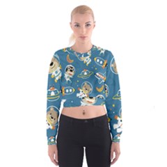 Seamless Pattern Funny Astronaut Outer Space Transportation Cropped Sweatshirt