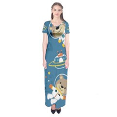 Seamless Pattern Funny Astronaut Outer Space Transportation Short Sleeve Maxi Dress by Vaneshart