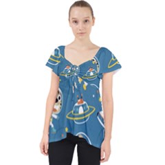 Seamless Pattern Funny Astronaut Outer Space Transportation Lace Front Dolly Top by Vaneshart