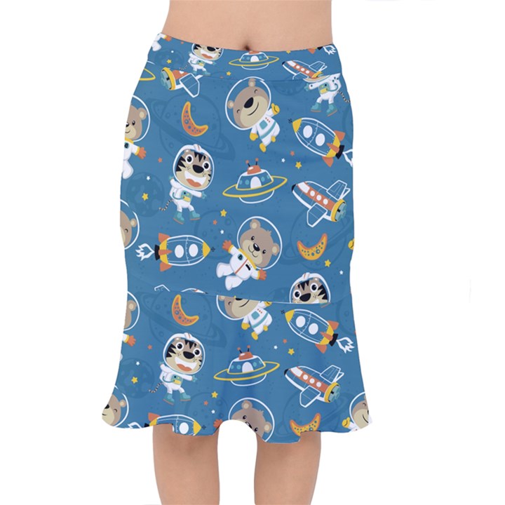 Seamless Pattern Funny Astronaut Outer Space Transportation Short Mermaid Skirt