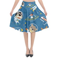 Seamless Pattern Funny Astronaut Outer Space Transportation Flared Midi Skirt by Vaneshart