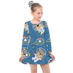 Seamless Pattern Funny Astronaut Outer Space Transportation Kids  Long Sleeve Dress by Vaneshart