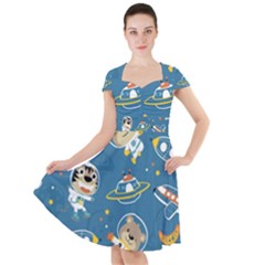 Seamless Pattern Funny Astronaut Outer Space Transportation Cap Sleeve Midi Dress by Vaneshart