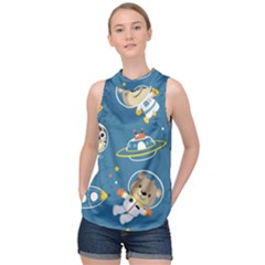 Seamless Pattern Funny Astronaut Outer Space Transportation High Neck Satin Top by Vaneshart