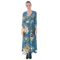 Seamless Pattern Funny Astronaut Outer Space Transportation Button Up Maxi Dress by Vaneshart