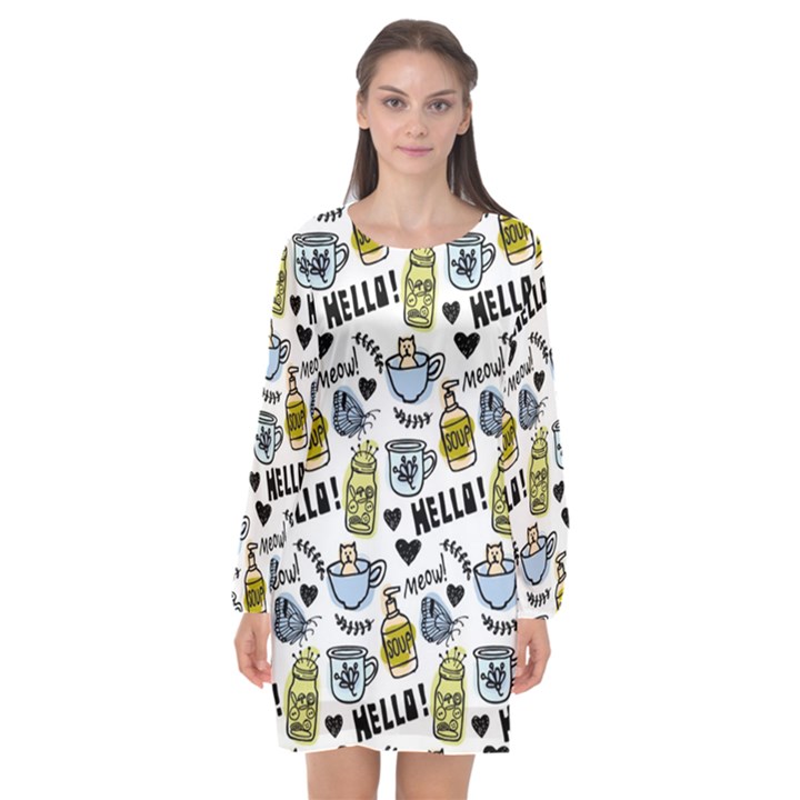 Everyday Things Pattern Long Sleeve Chiffon Shift Dress 