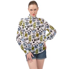 Everyday Things Pattern High Neck Long Sleeve Chiffon Top by Vaneshart