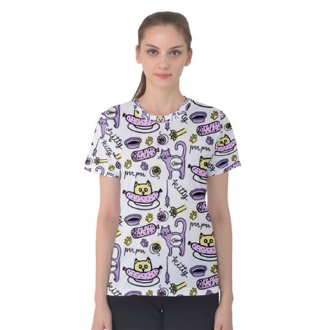 Hand Drawn Cute Cat Pattern Women s Cotton Tee by Vaneshart