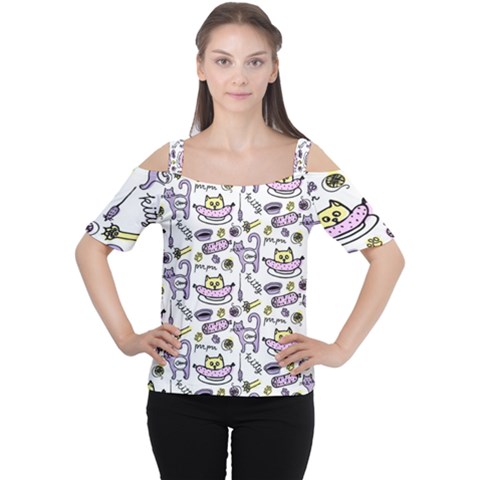 Hand Drawn Cute Cat Pattern Cutout Shoulder Tee by Vaneshart