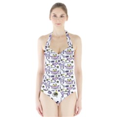 Hand Drawn Cute Cat Pattern Halter Swimsuit by Vaneshart