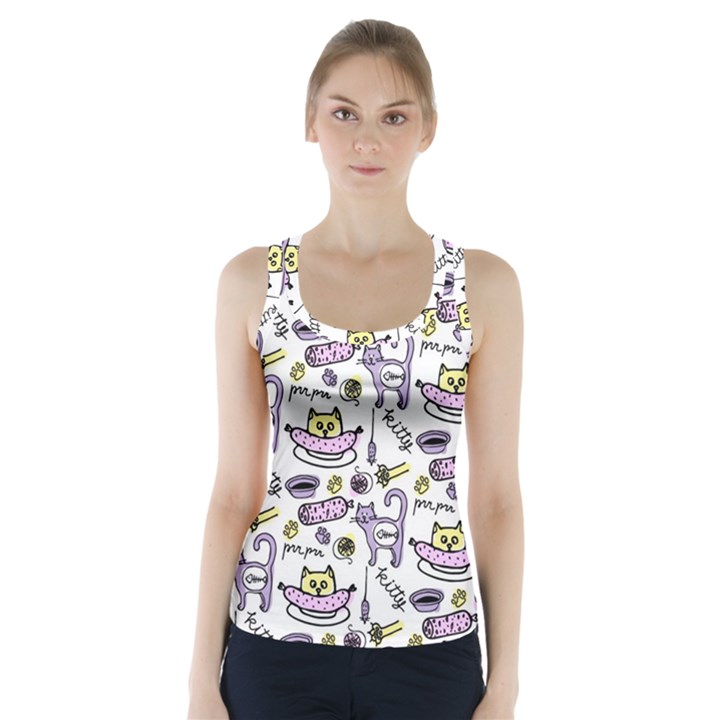 Hand Drawn Cute Cat Pattern Racer Back Sports Top