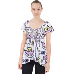 Hand Drawn Cute Cat Pattern Lace Front Dolly Top by Vaneshart