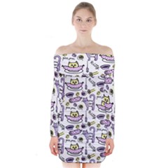 Hand Drawn Cute Cat Pattern Long Sleeve Off Shoulder Dress