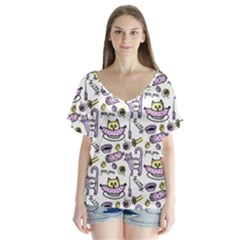 Hand Drawn Cute Cat Pattern V-neck Flutter Sleeve Top by Vaneshart