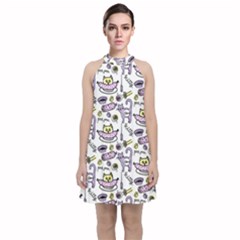 Hand Drawn Cute Cat Pattern Velvet Halter Neckline Dress 