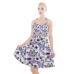 Hand Drawn Cute Cat Pattern Halter Party Swing Dress 