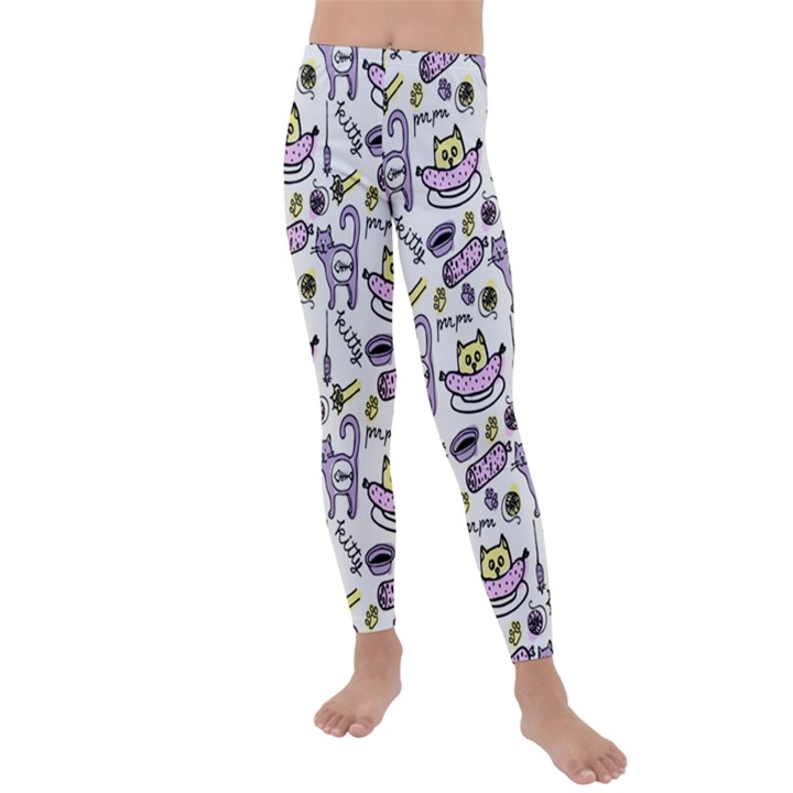 Hand Drawn Cute Cat Pattern Kids  Lightweight Velour Leggings