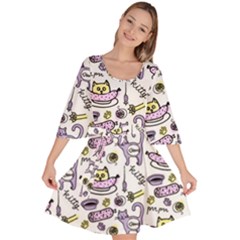 Hand Drawn Cute Cat Pattern Velour Kimono Dress