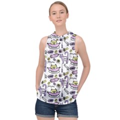 Hand Drawn Cute Cat Pattern High Neck Satin Top