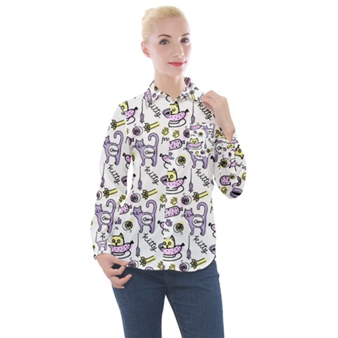 Hand Drawn Cute Cat Pattern Women s Long Sleeve Pocket Shirt by Vaneshart