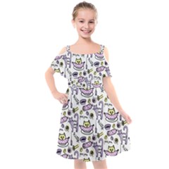 Hand Drawn Cute Cat Pattern Kids  Cut Out Shoulders Chiffon Dress by Vaneshart