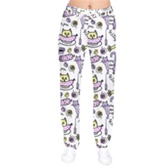 Hand Drawn Cute Cat Pattern Women Velvet Drawstring Pants by Vaneshart