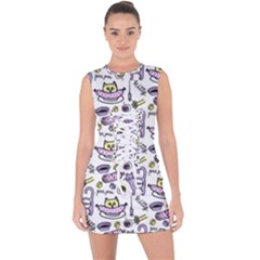 Hand Drawn Cute Cat Pattern Lace Up Front Bodycon Dress by Vaneshart