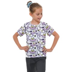 Hand Drawn Cute Cat Pattern Kids  Mesh Piece Tee