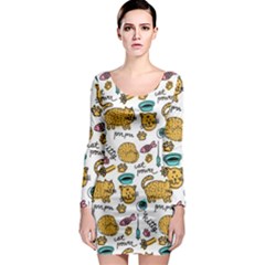 Hand Drawn Kitten Pattern With Elements Long Sleeve Bodycon Dress by Vaneshart